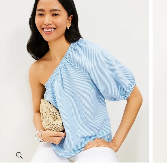 Loft Striped One Shoulder Linen Blend Blouse Size Small NWT - Picture 2 of 6